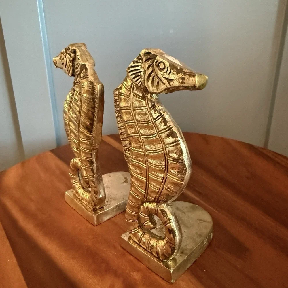Vintage Brass Seahorse Bookends Pair Coastal Nautical Decor 7in
